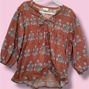 Umgee Rust Floral Tie-Neck Blouse with Blue & Green Print